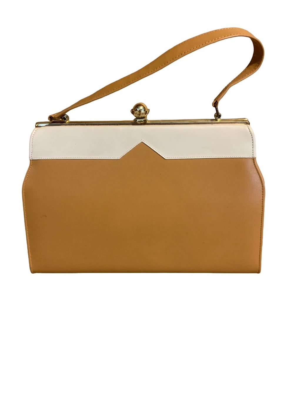 VINTAGE CIRCA 1960’S THE NATURALIZER TAN AND CREAM KISS LOCK SATCHEL BAG